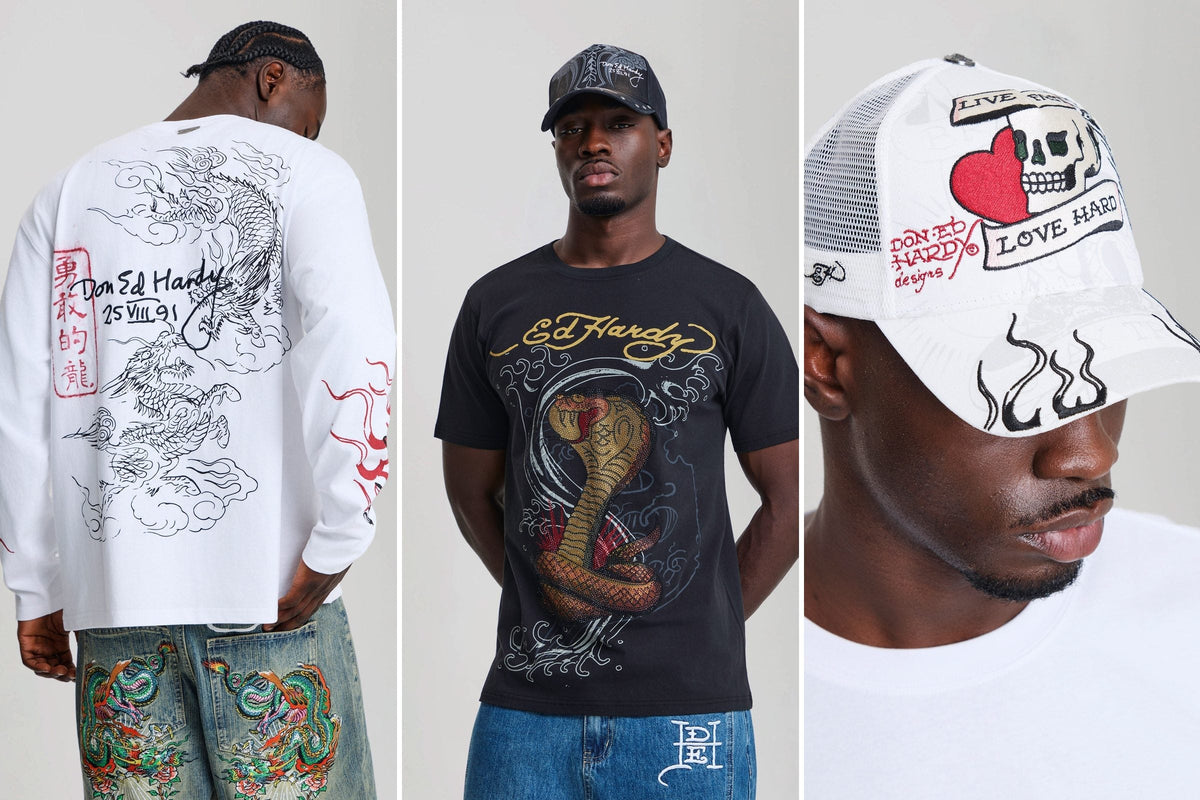 Capi Ed Hardy indossati: t-shirt Flying Twin Dragon con firma Don Ed Hardy, Diamante Serpent con cobra in strass e cappellino Live Fast Love Hard