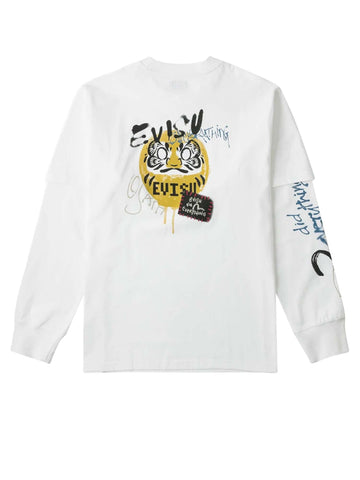 Evisu Daruma Print Faux Layered Long Sleeve Off White