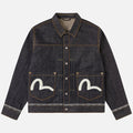 Giacca in denim Evisu con logo gabbiano ricamato, colore indaco