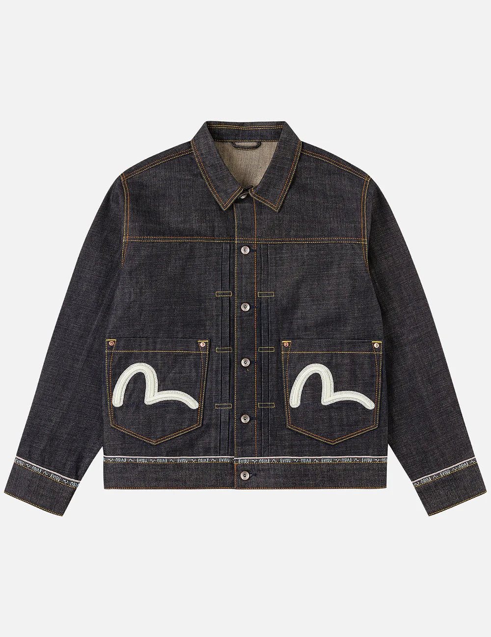 Giacca in denim Evisu con logo gabbiano ricamato, colore indaco