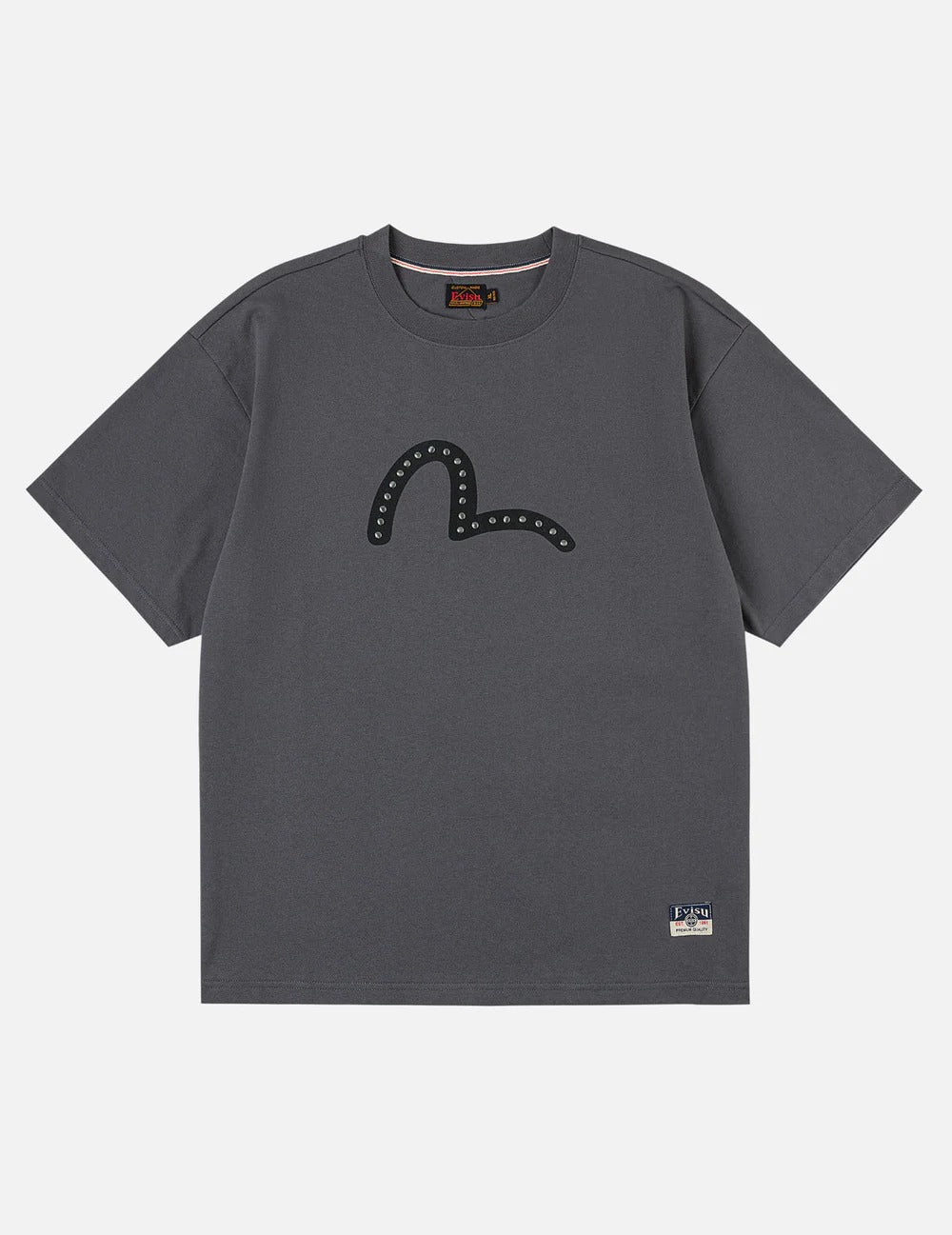 T-shirt Evisu con Stampa Gabbiano e Borchie Metalliche Carbone
