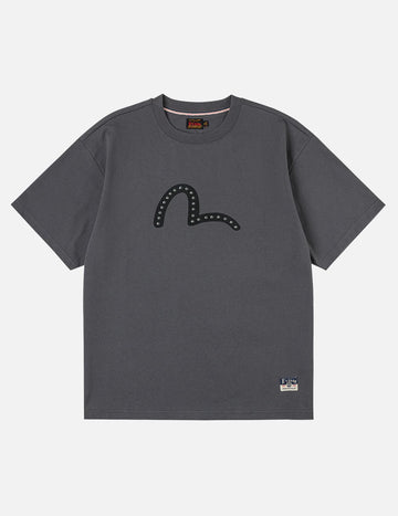 T-shirt Evisu con Stampa Gabbiano e Borchie Metalliche Carbone