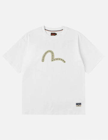 Evisu T-shirt con Stampa Gabbiano e Borchie Metalliche Bianco Sporco