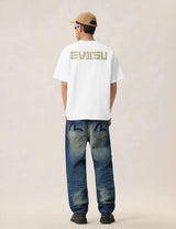 Evisu T-shirt con Stampa Gabbiano e Borchie Metalliche Bianco Sporco