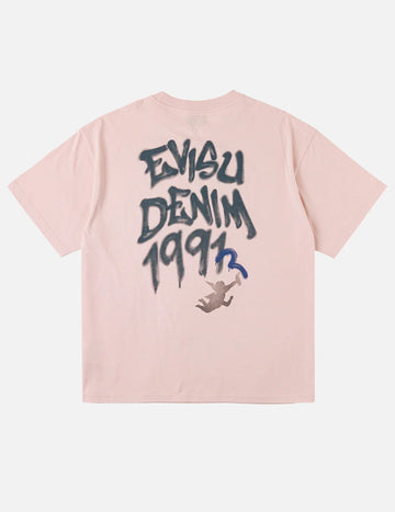 T-Shirt Evisu Angel Graffiti Slogan Rosa Antico